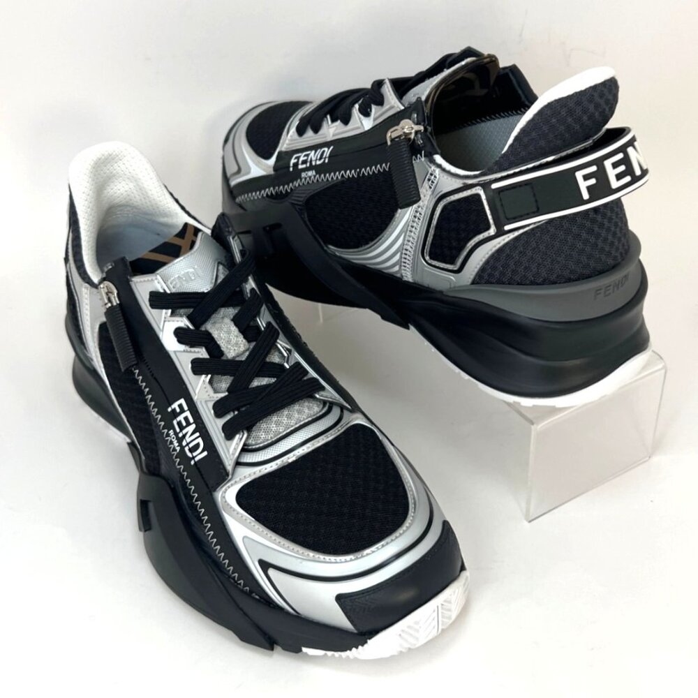 Fendi Flow Low-Top Sneakers Men Nero Silver Black Running Shoes Size UK 8